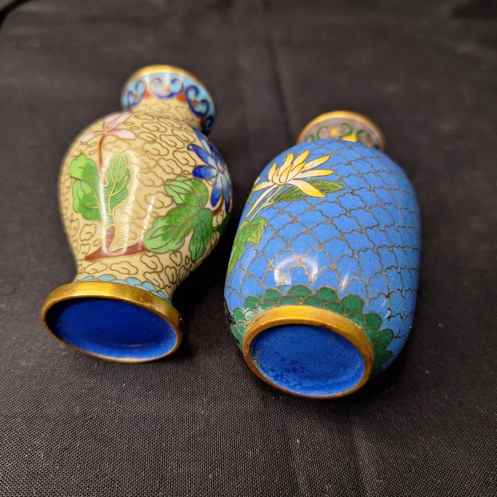 Vintage Pair of‎ Chinese Cloisonne Enamel Miniature Floral Vases Blue & Cream